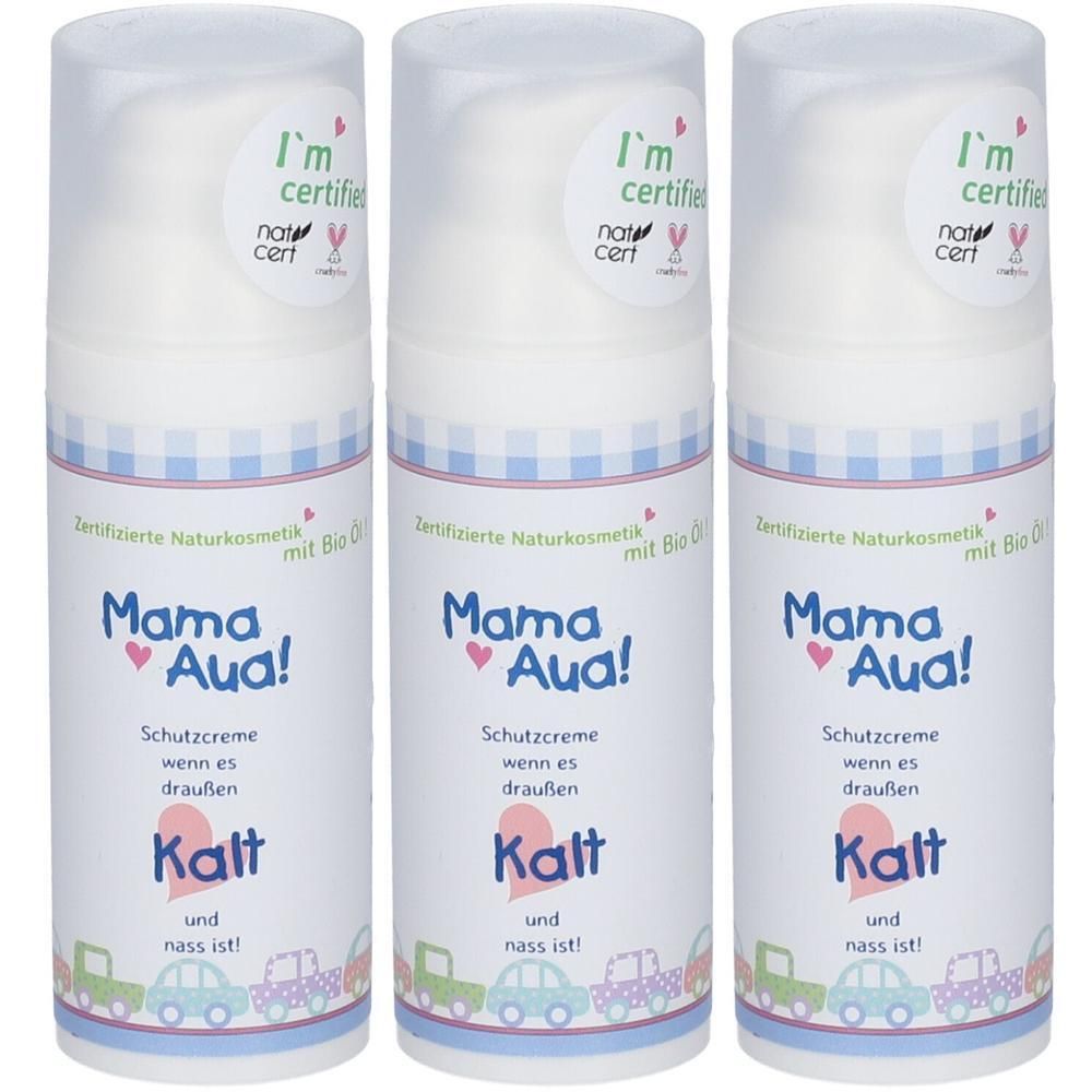 Drei Flaschen Mama Aua! Schutzcreme mit Aufdruck 'Kalt und nass ist!' und Zertifizierung 'I'm certified nat cert'.