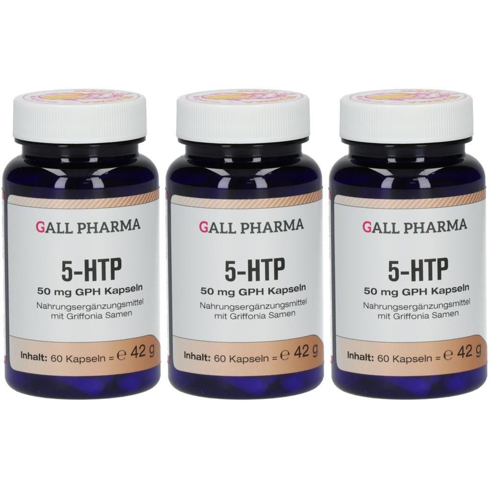 Drei Flaschen 5-HTP GPH Kapseln von Gall Pharma, je 50 mg. Enthält 60 Kapseln pro Flasche.