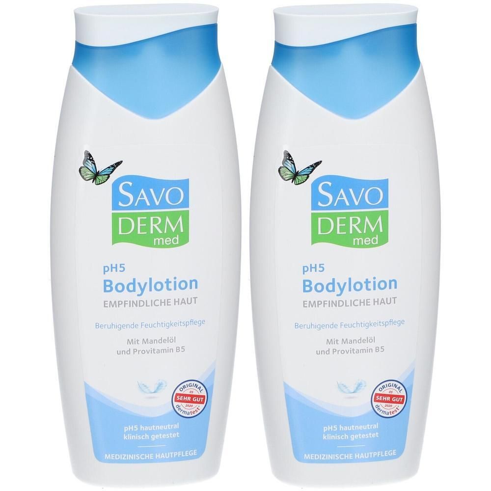 Zwei Flaschen SAVODERM med pH5 Bodylotion für empfindliche Haut, mit Mandelöl und Provitamin B5.