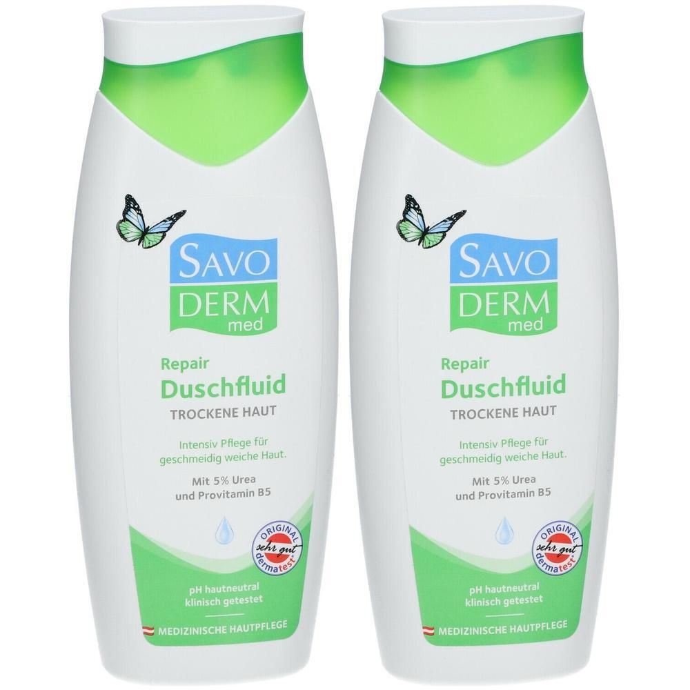 Zwei Flaschen SAVODERM med Repair Duschfluid für trockene Haut. Mit 5% Urea und Provitamin B5.
