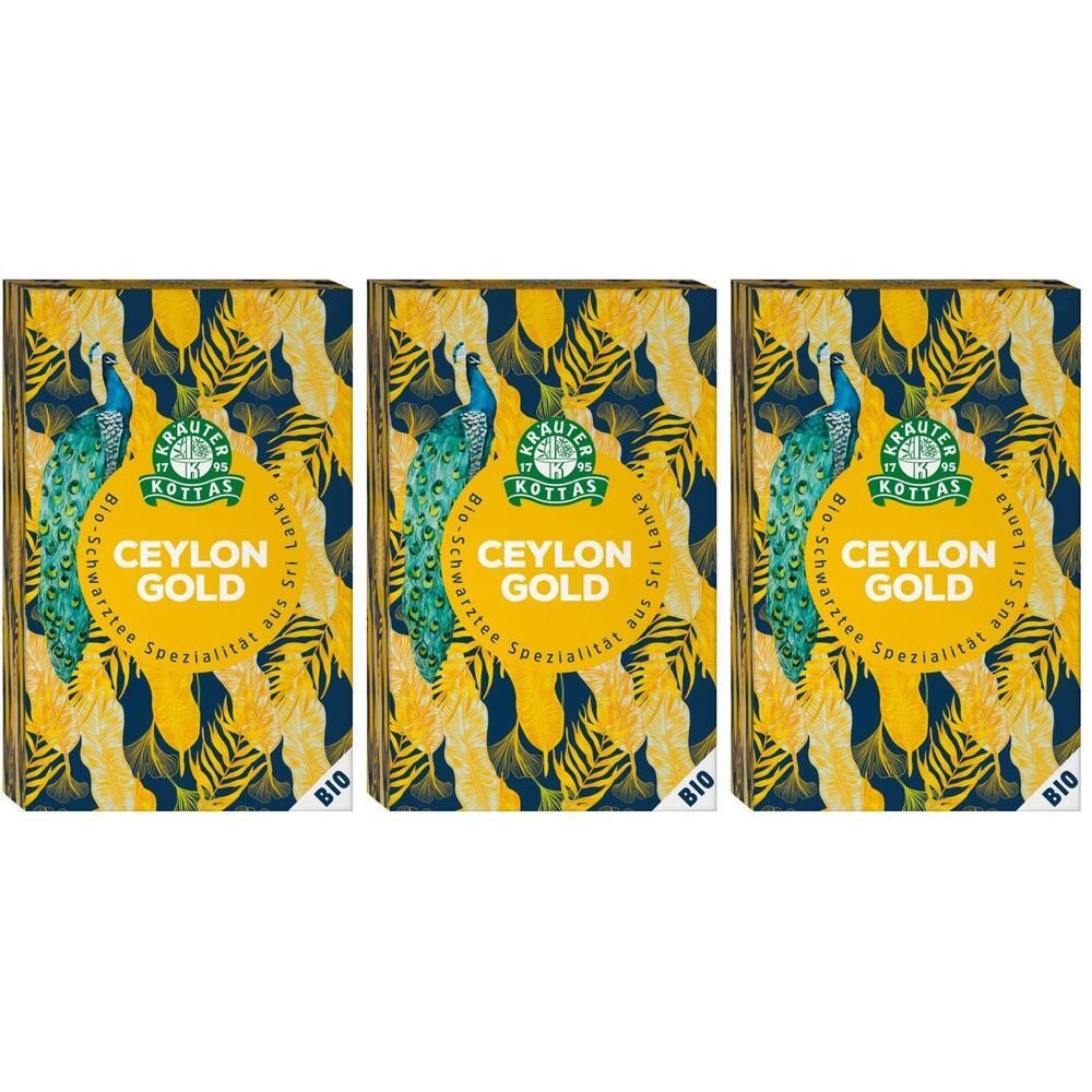 Drei Packungen Ceylon Gold Tee mit Pfauenmotiv und Bio-Siegel.
