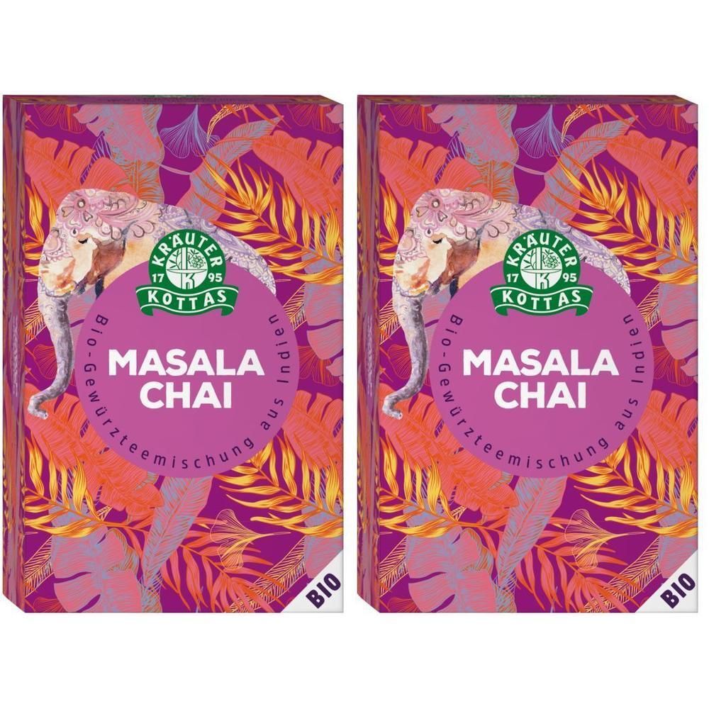 Zwei Packungen Bio Masala Chai Gewürzteemischung von Dr. Kottas mit Elefantenmotiv und tropischen Blättern.