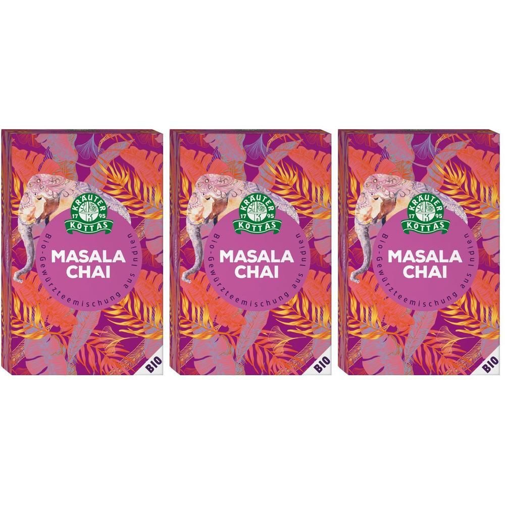 Drei Packungen DR. KOTTAS Masala Chai mit Elefantenmotiv und tropischen Blättern. Bio-Siegel sichtbar.