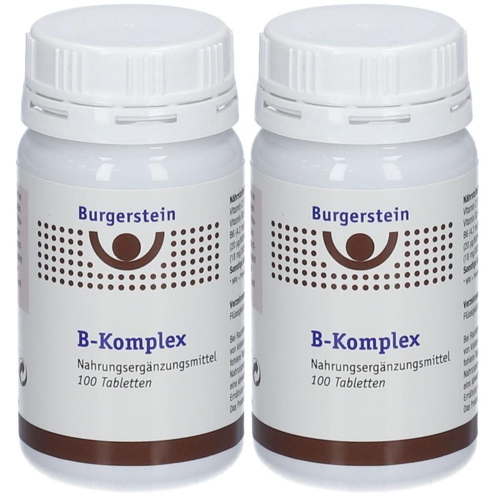 Zwei weiße Flaschen Burgerstein B-Komplex Nahrungsergänzungsmittel mit je 100 Tabletten.