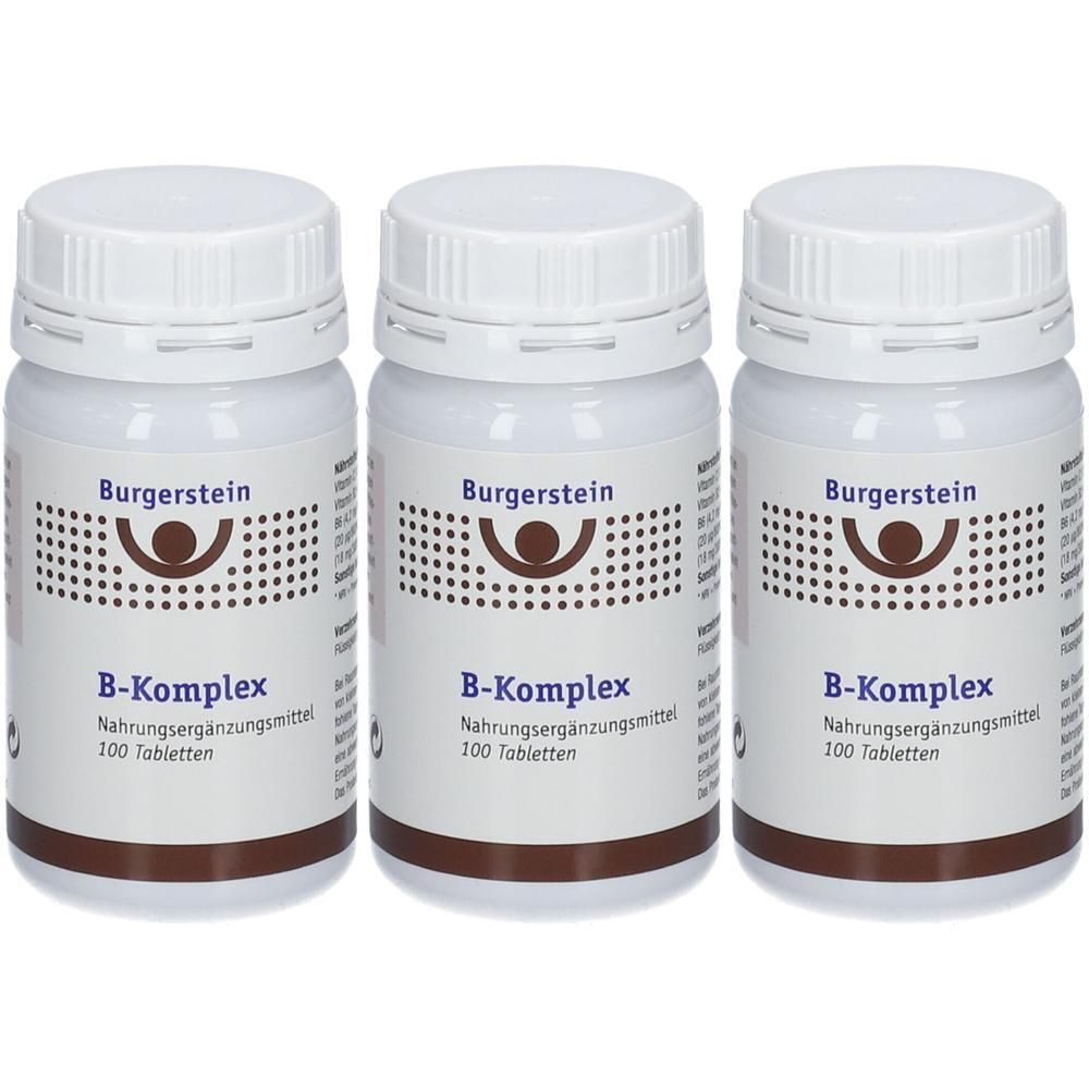 Drei Burgerstein B-Komplex Flaschen mit je 100 Tabletten.
