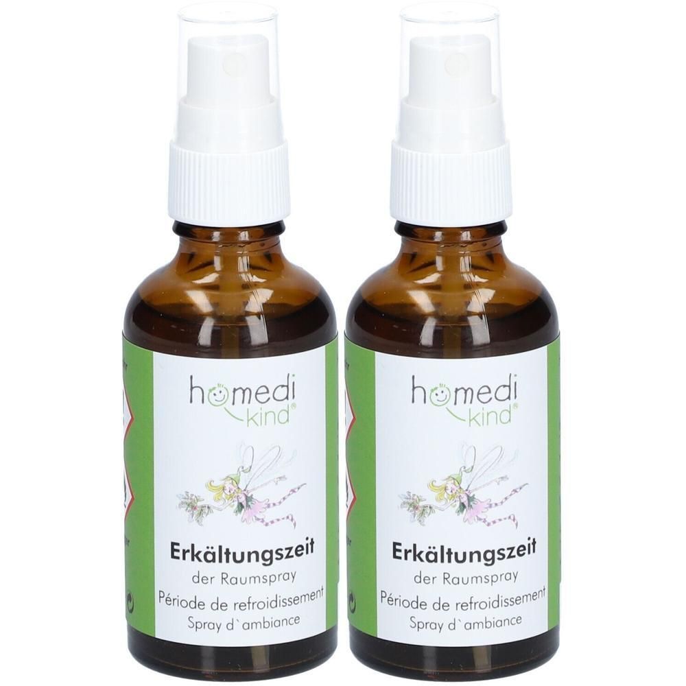 Zwei homedi kind® Erkältungszeit Raumspray-Flaschen aus braunem Glas mit weißen Sprühköpfen.