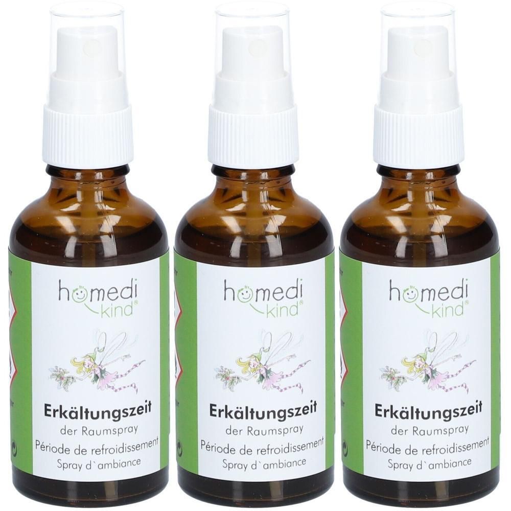 Drei homedi kind® Erkältungszeit Raumspray-Flaschen mit Sprühkopf.
