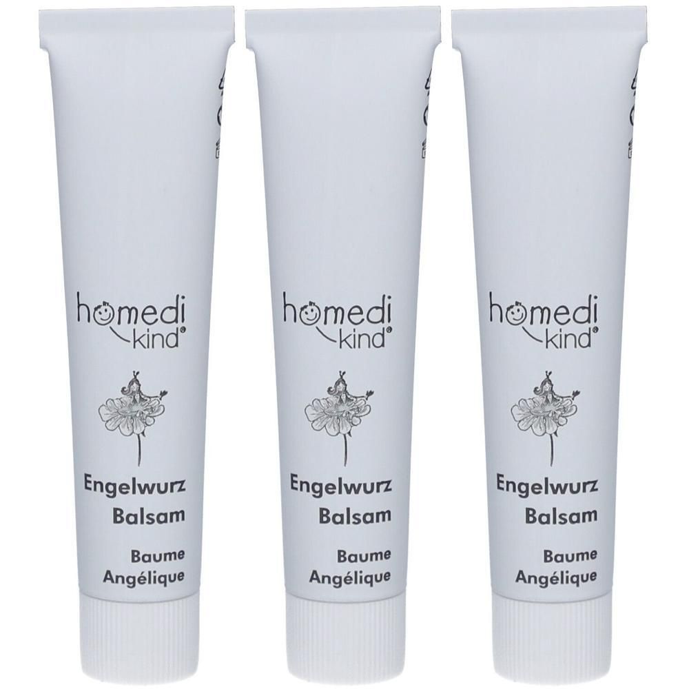Drei weiße Tuben mit homedi-kind® Engelwurz Balsam. Jede Tube zeigt eine stilisierte Fee und den Produktnamen.