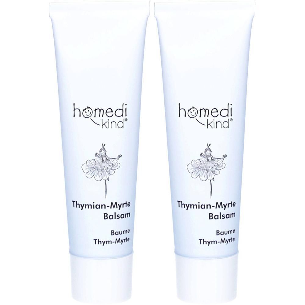 Zwei Tuben homedi-kind® Thymian-Myrte Balsam mit einer Ballerina-Illustration.