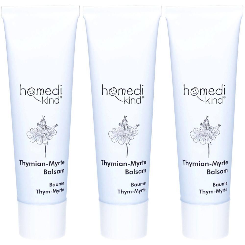 Drei Tuben homedi-kind® Thymian-Myrte Balsam mit einer tanzenden Figur auf dem Etikett.