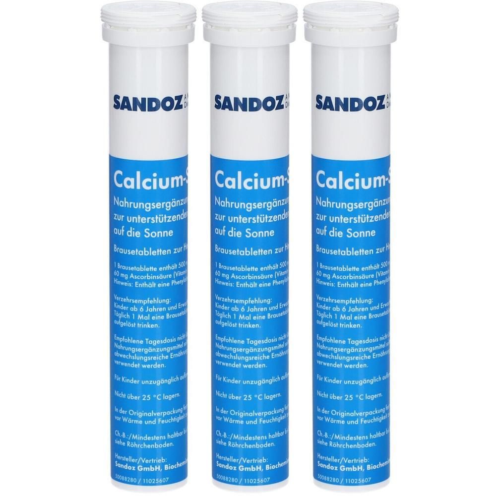 Drei Röhren Calcium-Sandoz® Brausetabletten mit weißem Deckel und blauer Banderole.