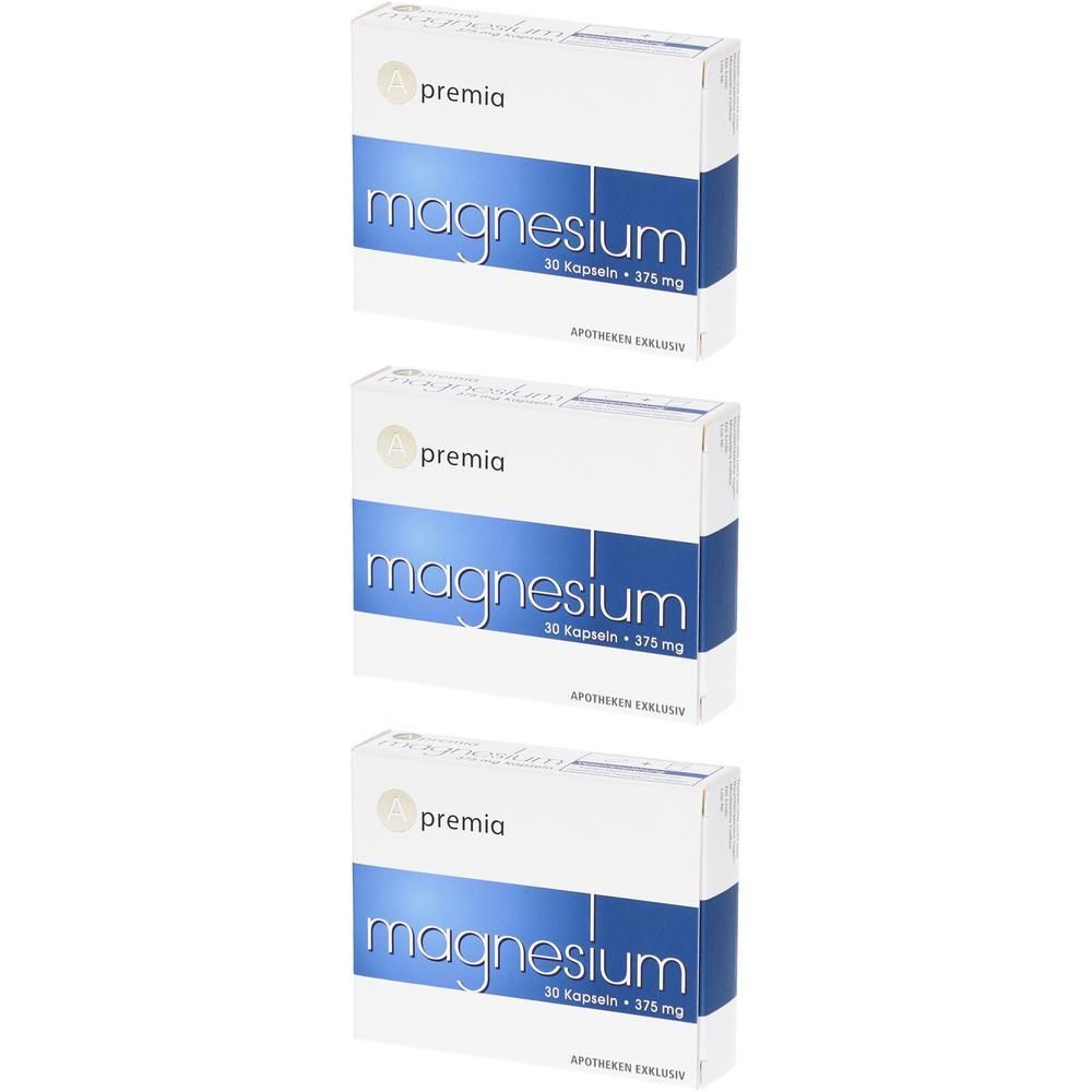 Drei Packungen Apremia Magnesium Kapseln, jede mit 30 Kapseln à 375 mg.