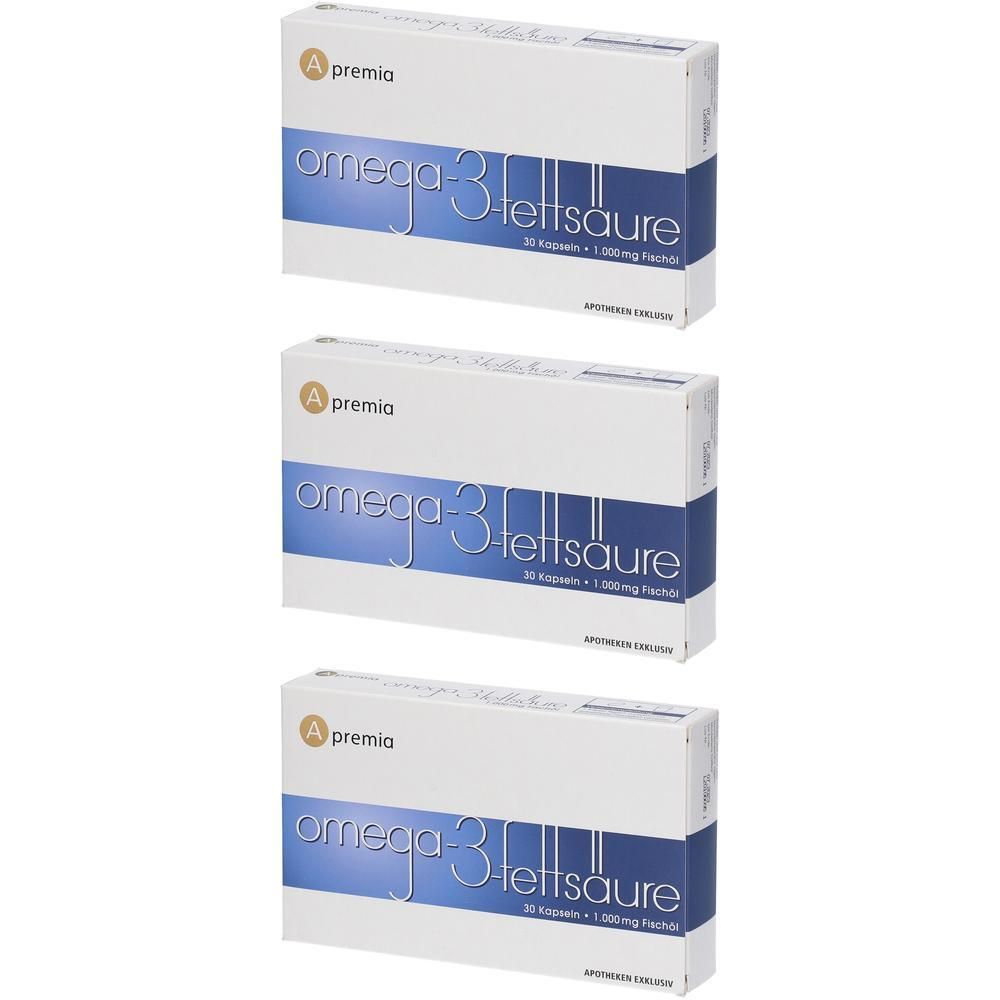 Drei Packungen Apremia Omega-3-Fettsäure, 30 Kapseln je 1.000mg.