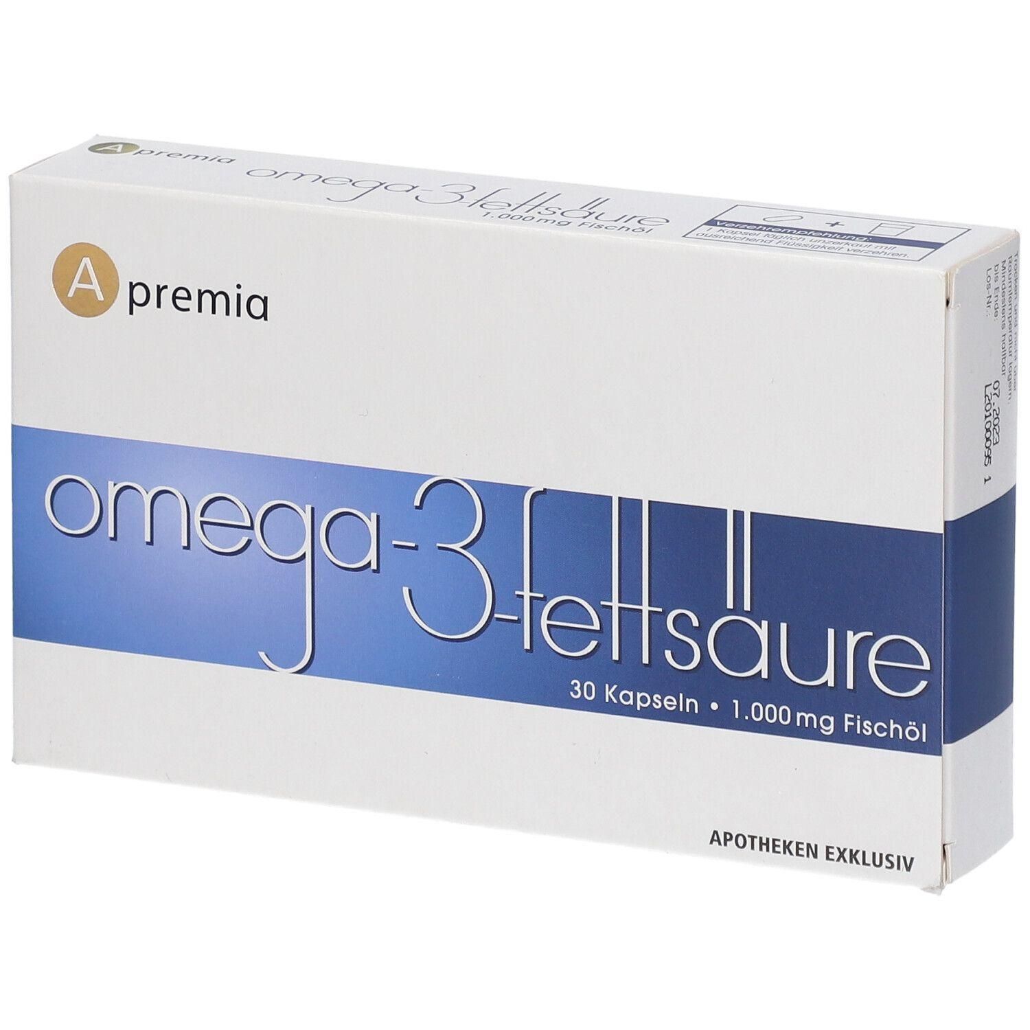 Packung mit 30 Kapseln Apremia Omega-3-Fettsäure, 1.000 mg Fischöl.