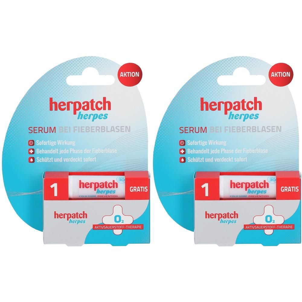 Zwei Packungen Herpatch Serum bei Fieberblasen mit je einem Applikator. "Aktion" und "Gratis" sind sichtbar.