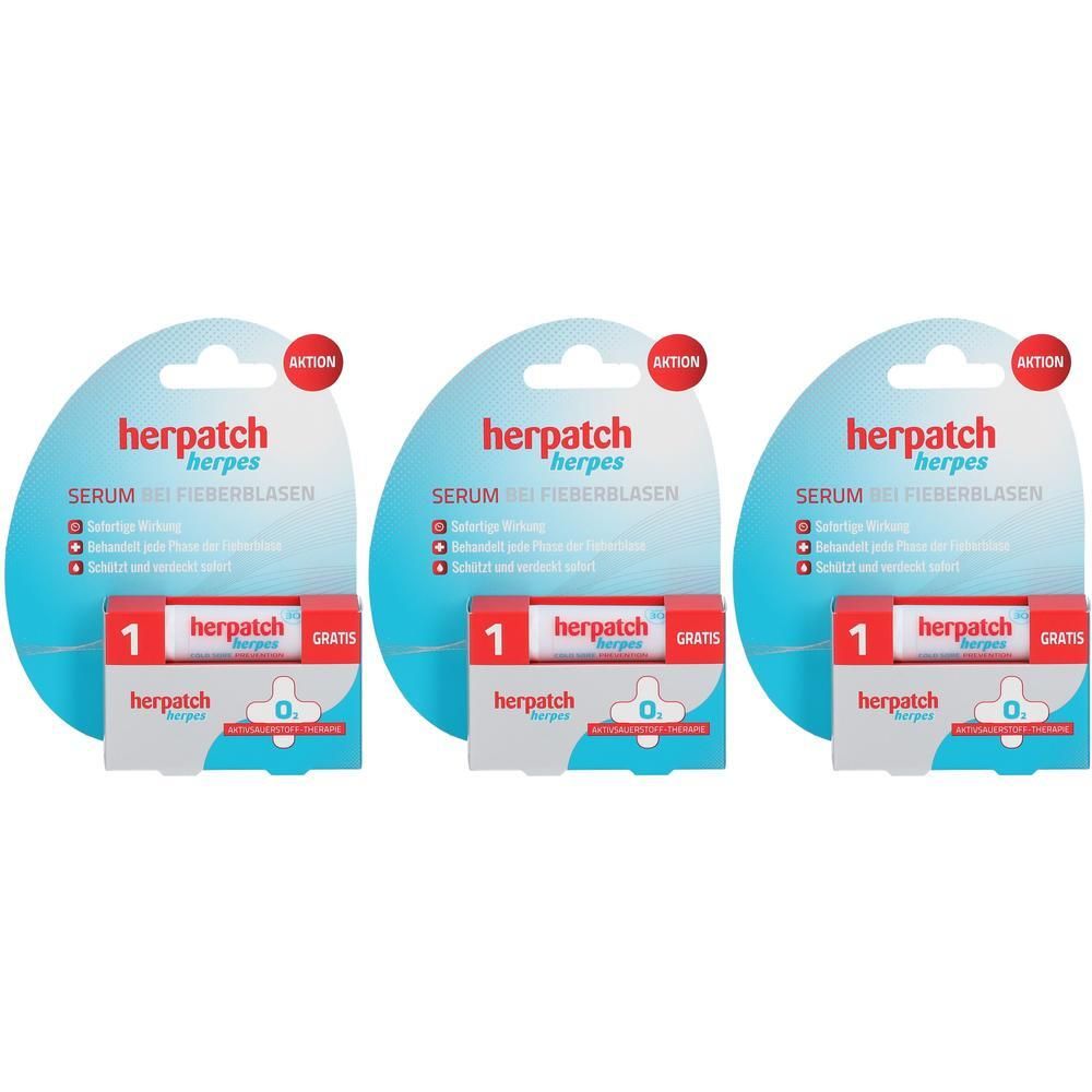 Drei Packungen Herpatch Serum bei Fieberblasen mit je einem Gratis-Produkt.