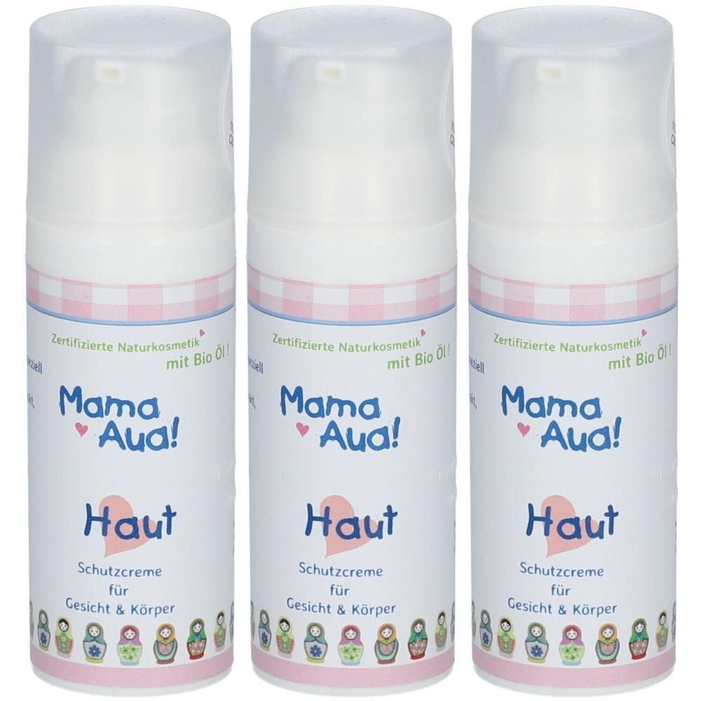 Drei Flaschen Mama Aua! Hautschutzcreme mit Pumpaufsatz. Zertifizierte Naturkosmetik mit Bio Öl.
