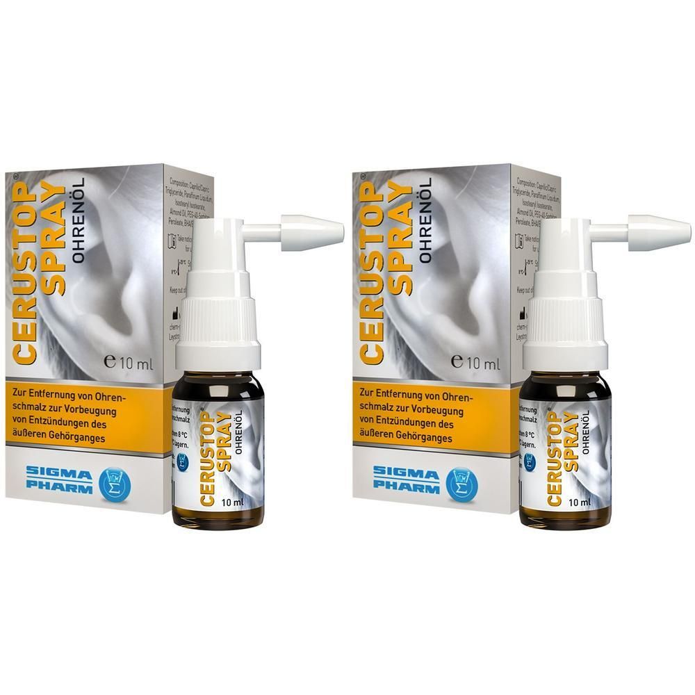 Zwei CERUSTOP® Ohrenöl Spray Flaschen mit Applikator und Kartonverpackung.