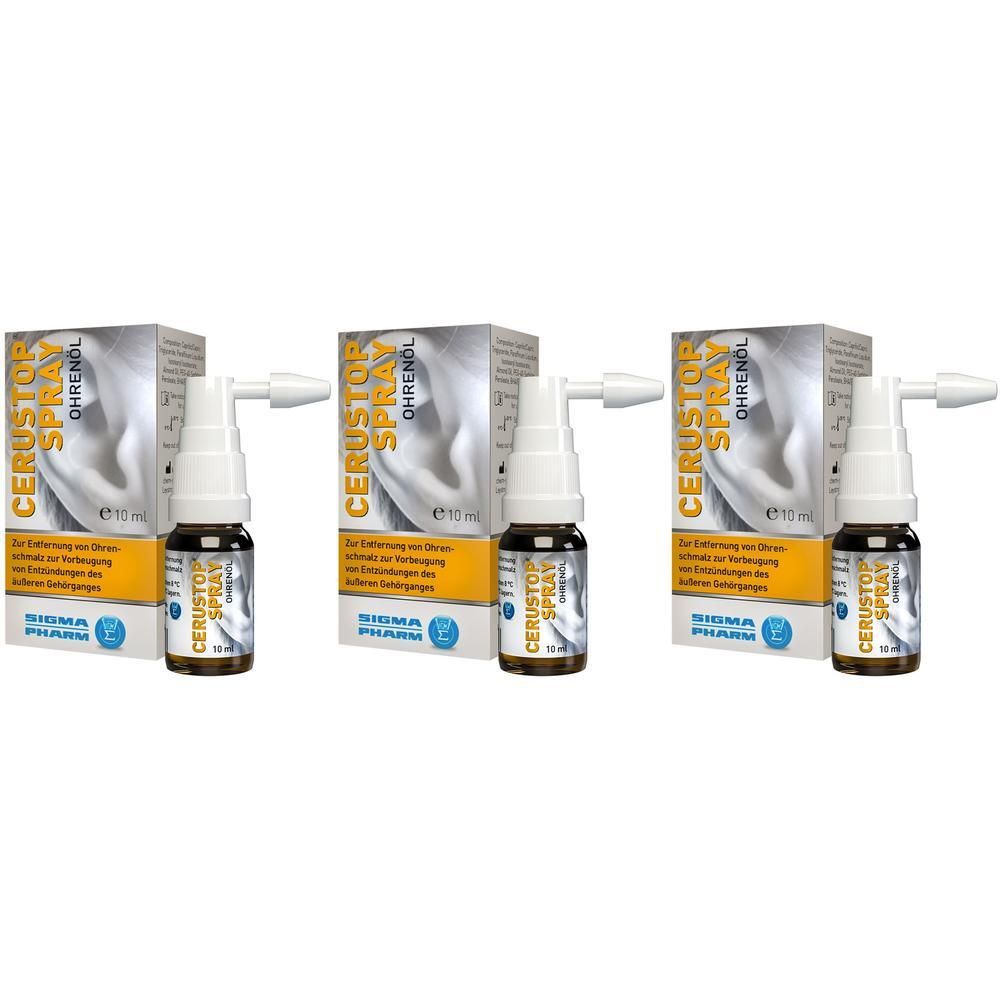 Drei CERUSTOP® Ohrenöl Spray Fläschchen mit Applikator und Faltschachteln. Sigma Pharm.