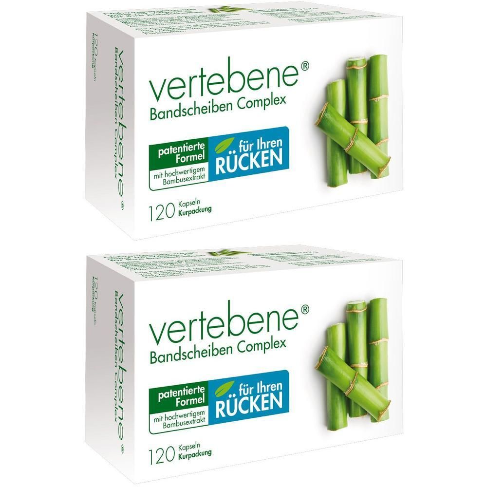 Zwei Packungen Vertebene Bandscheiben Complex mit je 120 Kapseln. Grüne Bambusstäbe auf der Vorderseite.
