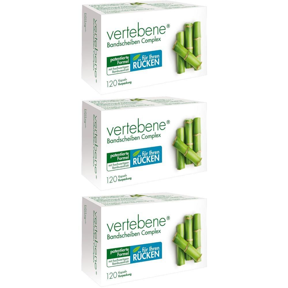 Drei Schachteln Vertebene Bandscheiben Complex mit je 120 Kapseln. Abbildung von Bambusstäben.