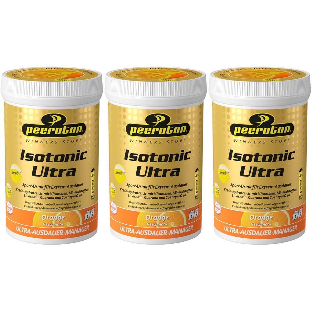 Drei Behälter Peeroton Isotonic Ultra Sportgetränkepulver in Orange. Goldene Dosen mit weißem Deckel.