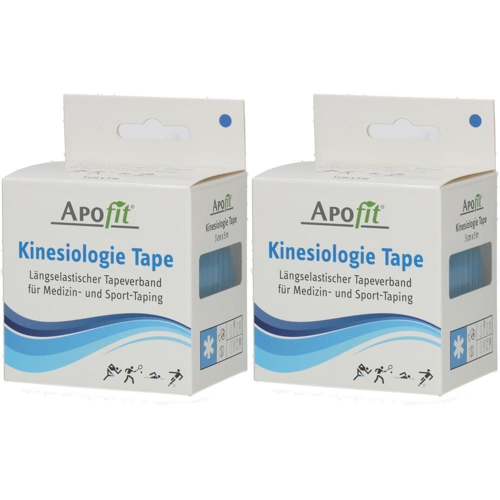 Zwei Packungen APOfit Kinesiologie Tape, blau. Längselastischer Tapeverband für Medizin- und Sport-Taping.