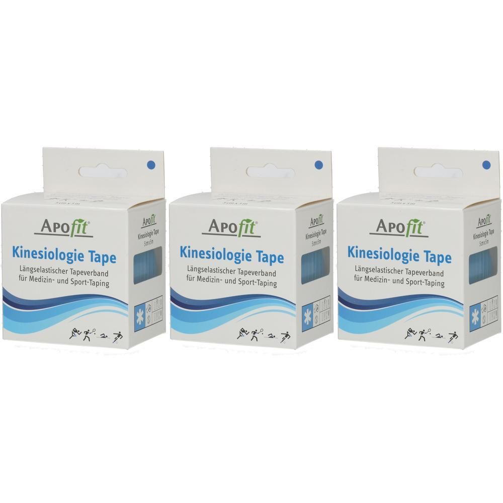 Drei Packungen blaues Kinesiologie-Tape von ApoFit für Medizin und Sport.
