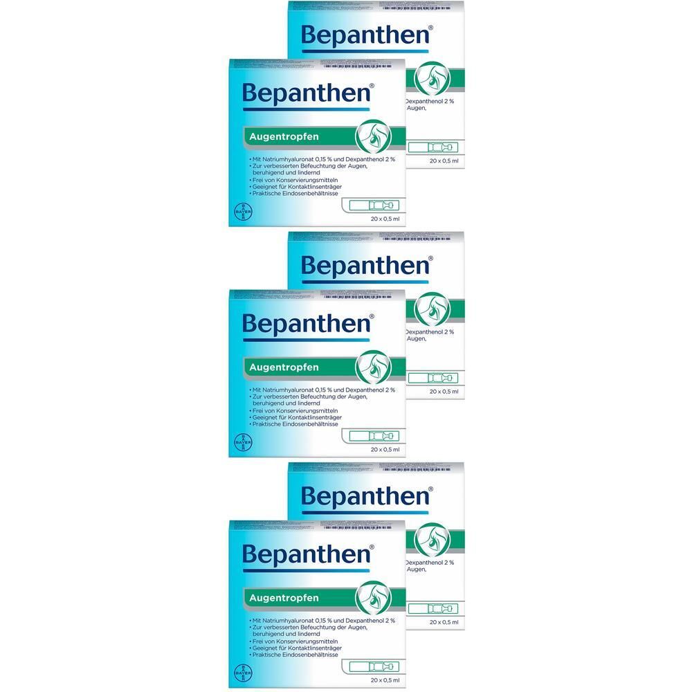 Drei Packungen Bepanthen® Augentropfen, jeweils mit 20 Einzeldosisbehältern.