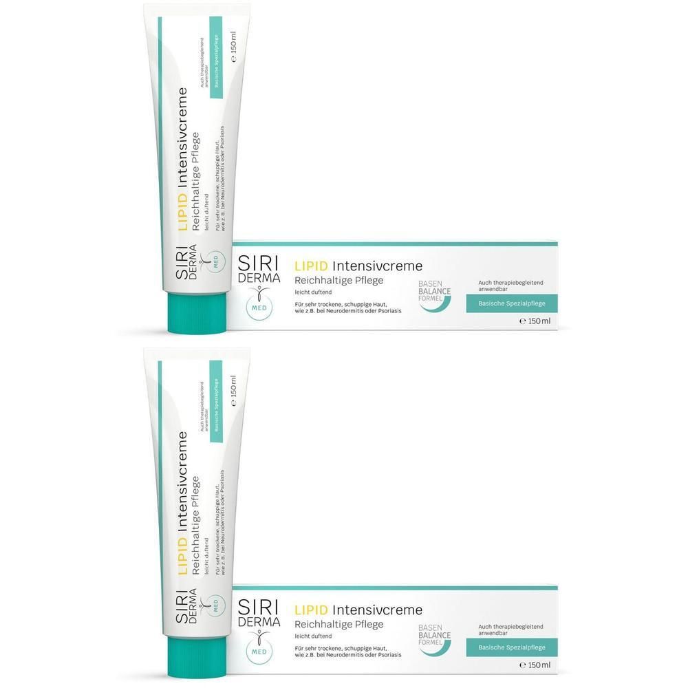 Zwei Tuben und Kartons SIRIDERMA LIPID Intensivcreme, reichhaltige Pflege, 150ml.