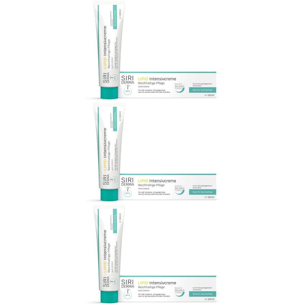 Drei Tuben und Schachteln SIRIDERMA LIPID Intensivcreme mit türkisfarbenen Akzenten.