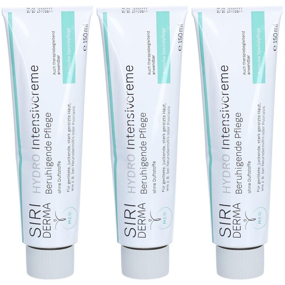Drei Tuben SIRIDERMA HYDRO Intensivcreme, 150 ml. Beruhigende Pflege ohne Duftstoffe.