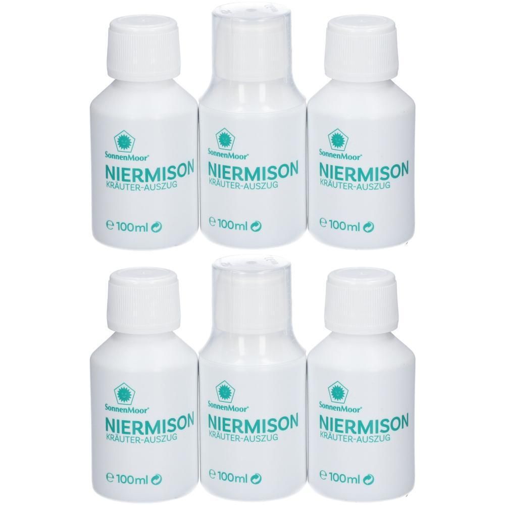 Sechs weiße Flaschen mit Kräuter-Auszug, jeweils 100ml. SonnenMoor NIERMISON. Weiße Schraubverschlüsse.