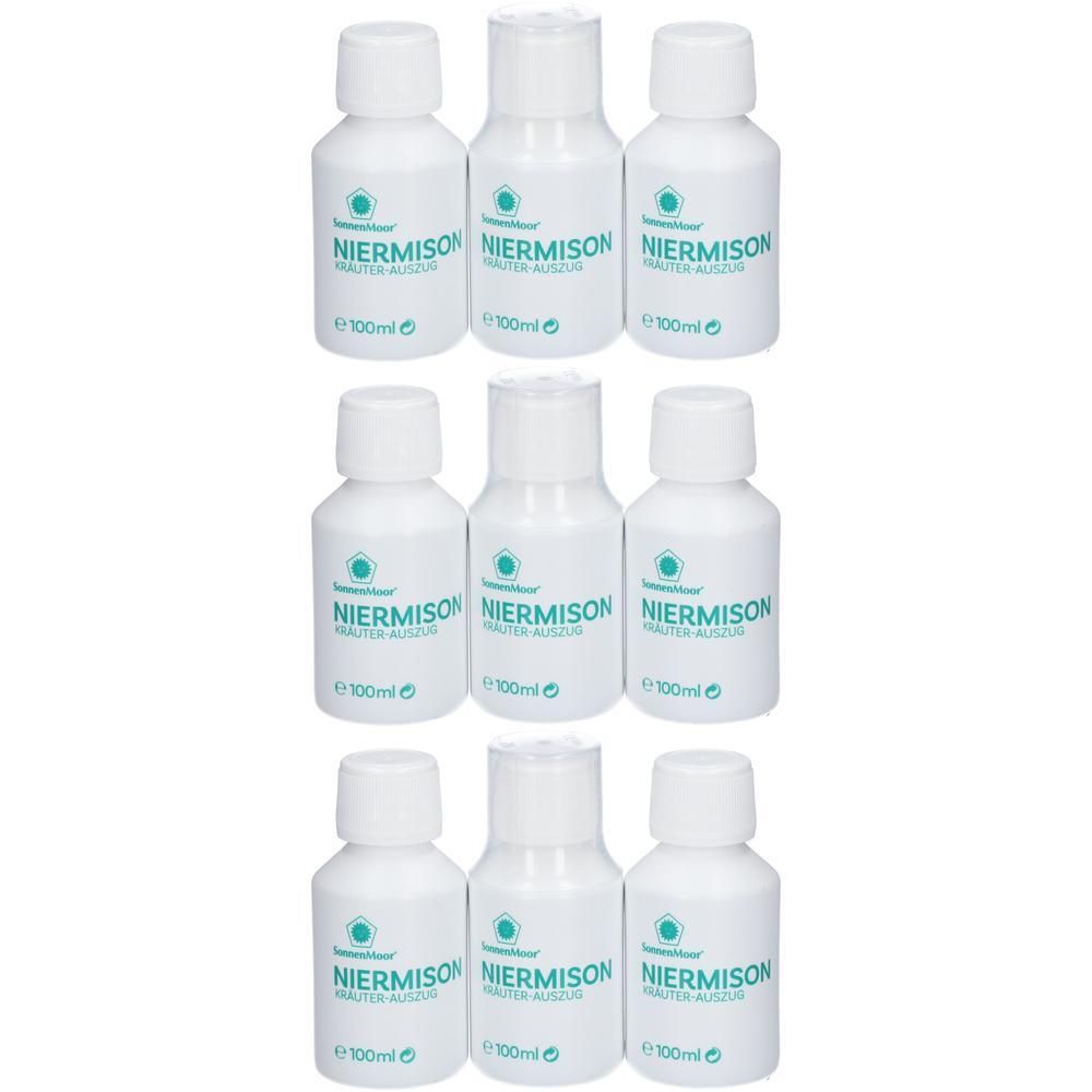 Neun weiße Flaschen mit Kräuter-Auszug, jeweils 100ml.