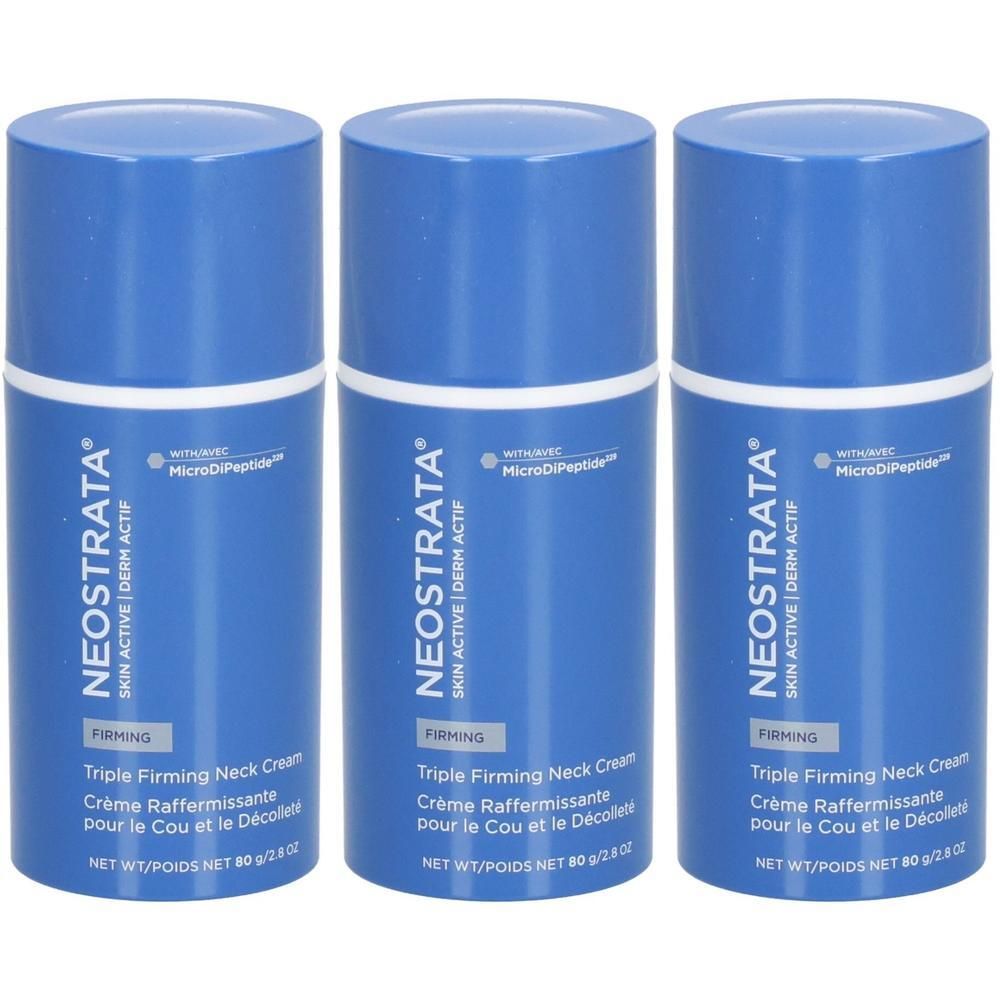 Drei Flaschen NeoStrata Skin Active Triple Firming Neck Cream mit blauen Kappen und weißen Etiketten.