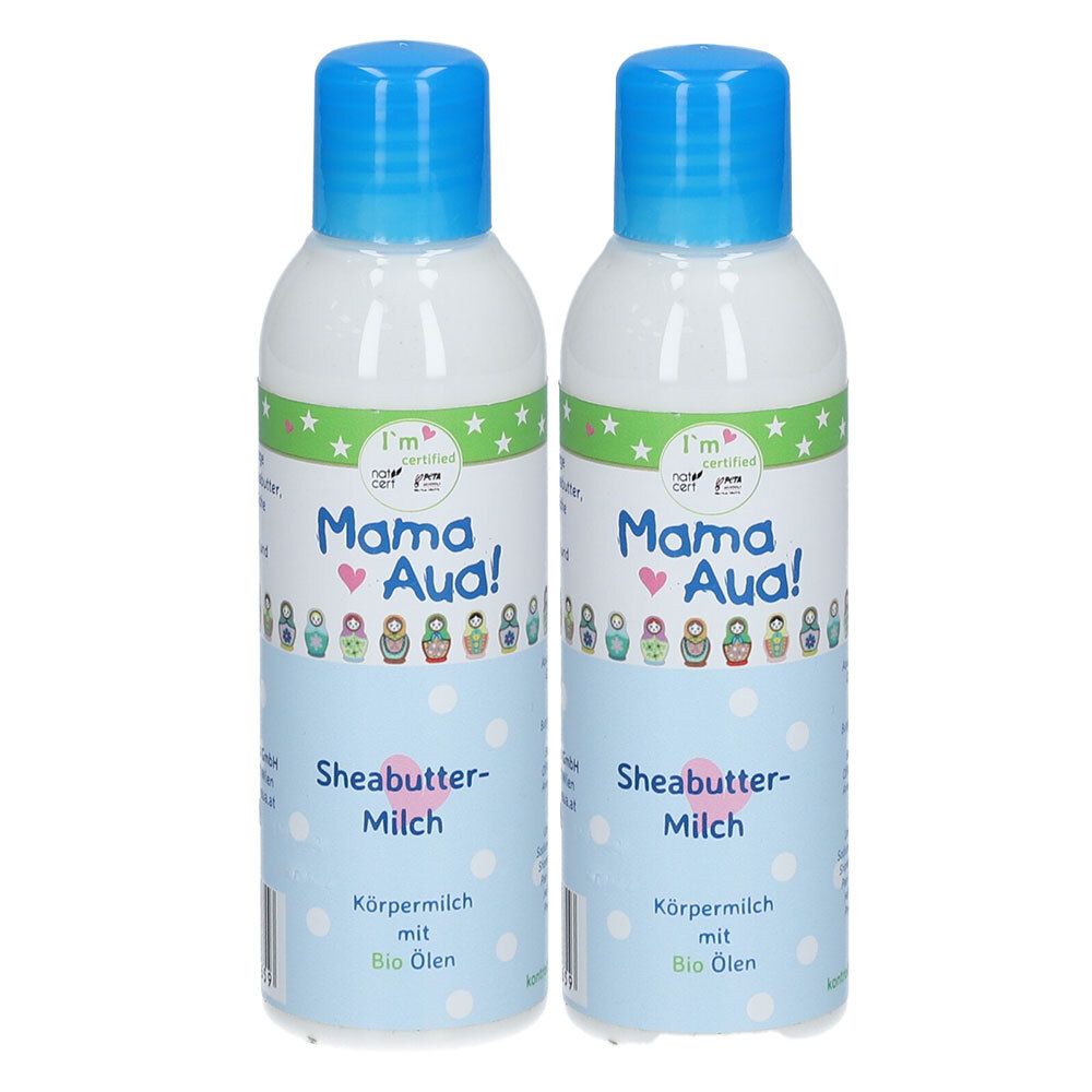 Zwei Flaschen Sheabutter-Milch Körpermilch mit Bio Ölen. Blaue Verschlüsse, weiße Flaschen mit grünen und blauen Etiketten.