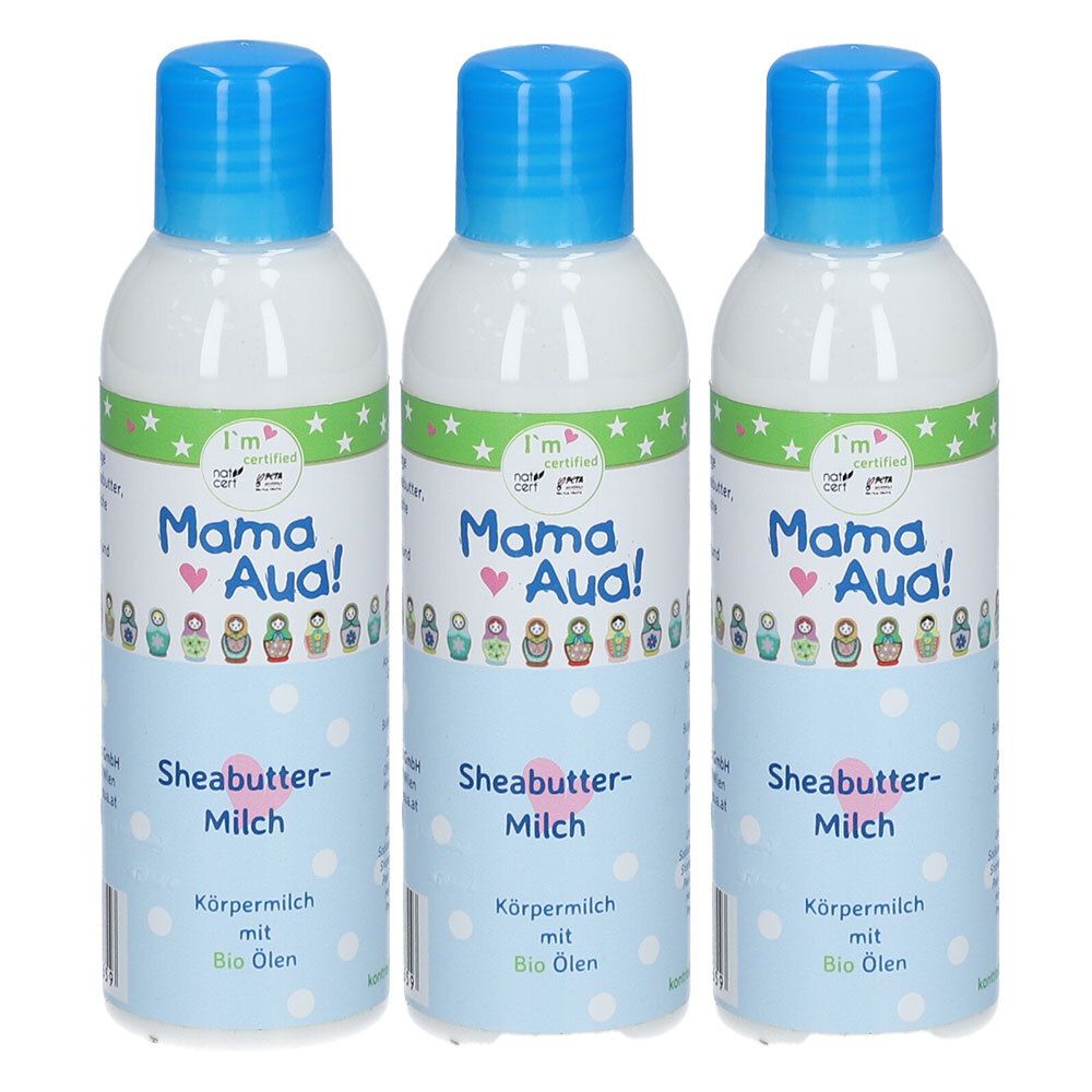Drei Flaschen Mama Aua! Sheabutter-Milch Körpermilch mit Bio Ölen. Blaue Verschlüsse.