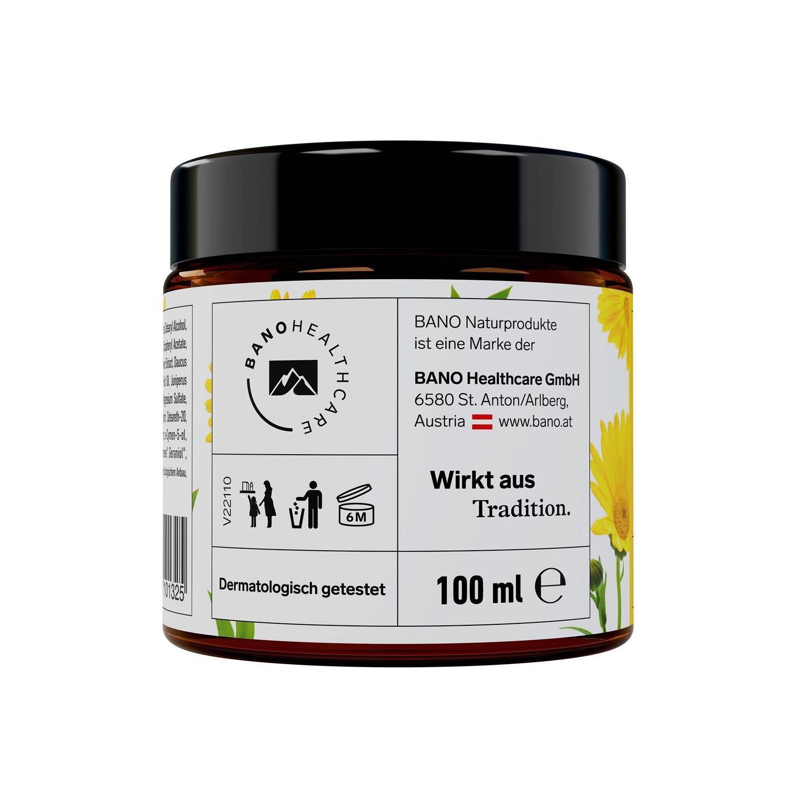 Rückseite eines Glases BANO Arlberger Calendulin® classic. Dermatologisch getestet, 100 ml.