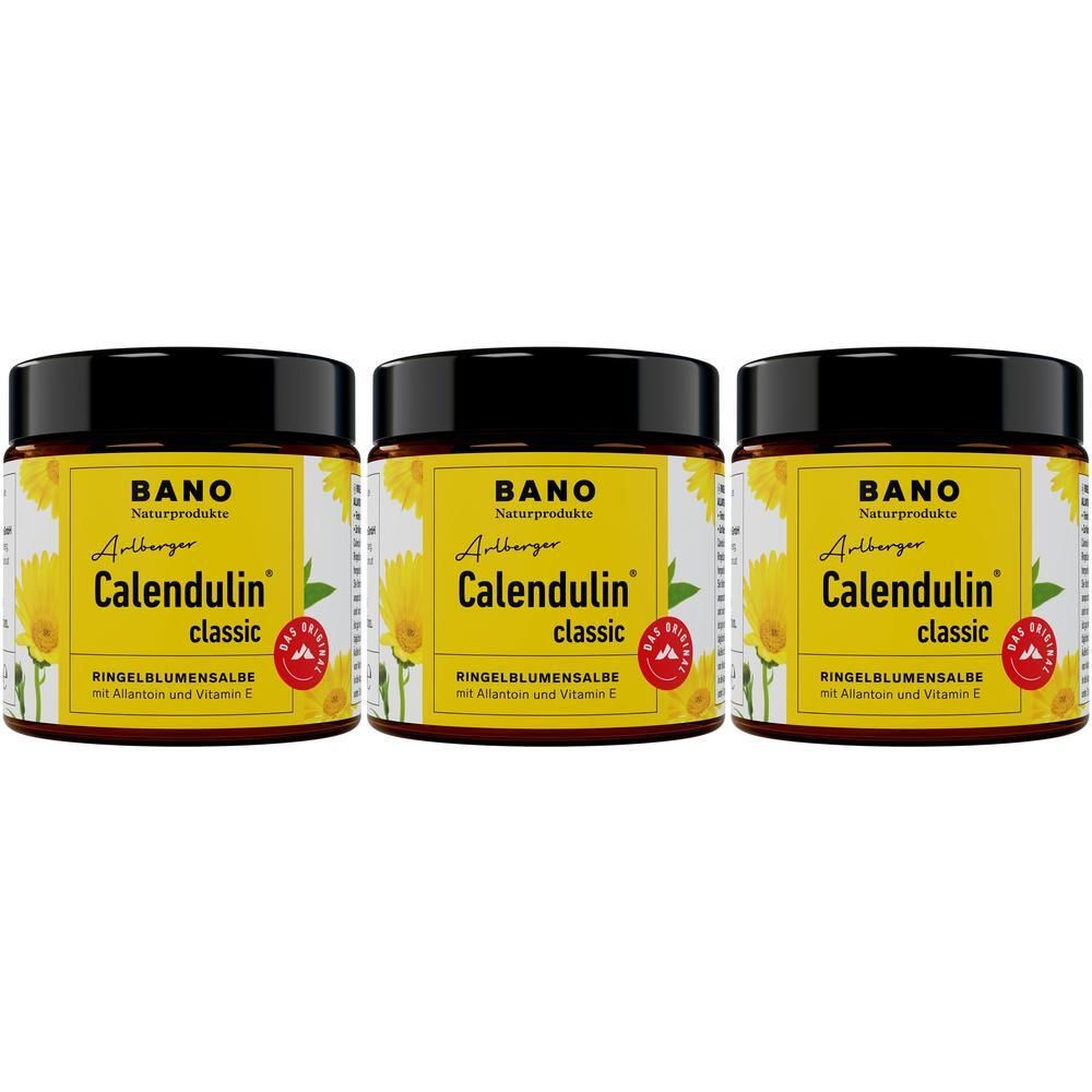 Drei Gläser BANO Arlberger Calendulin® classic Ringelblumensalbe mit Allantoin und Vitamin E.