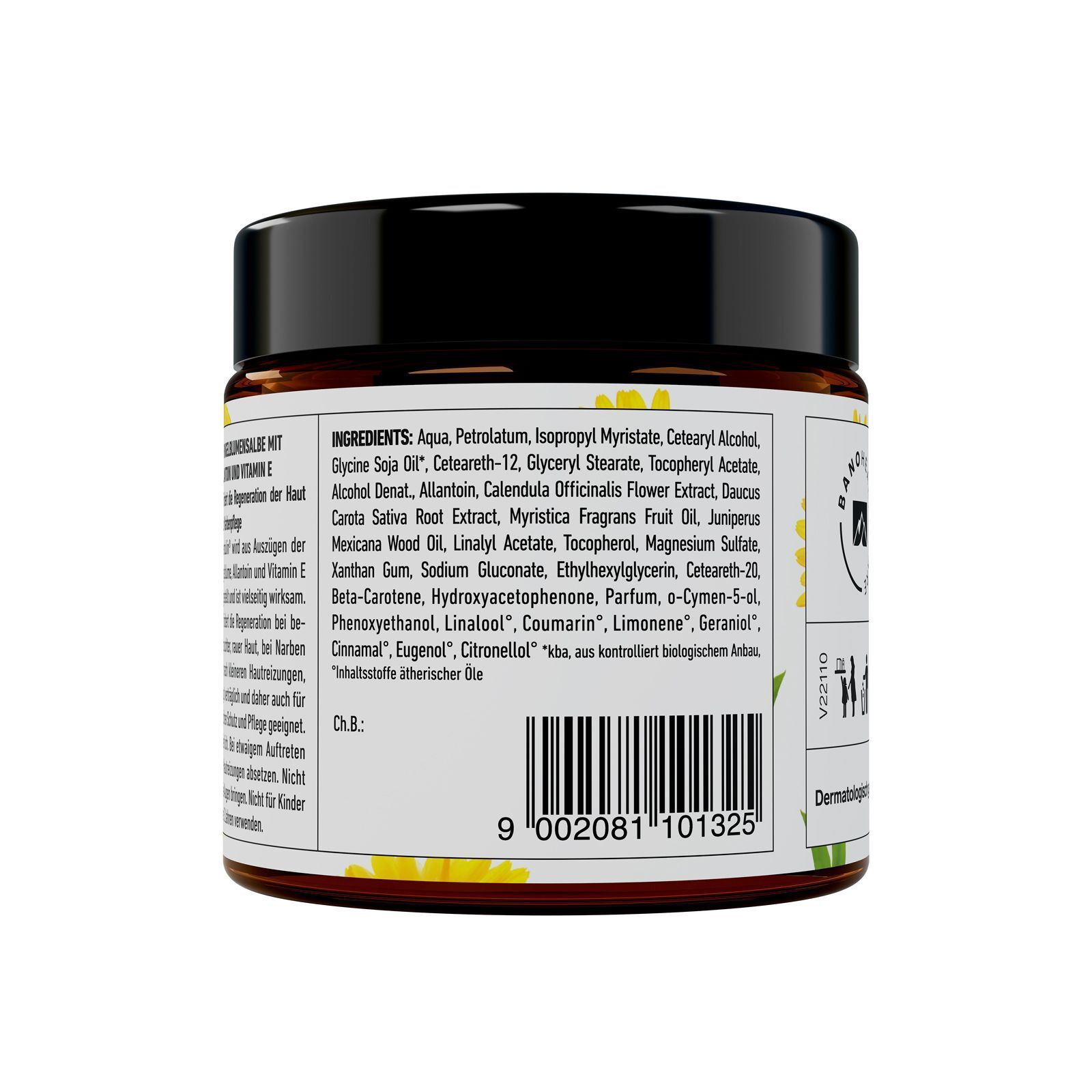 Rückseite eines Glases BANO Calendulin® classic Salbe. Zeigt die Inhaltsstoffe wie Aqua, Petrolatum und Calendula Officinalis Flower Extract.