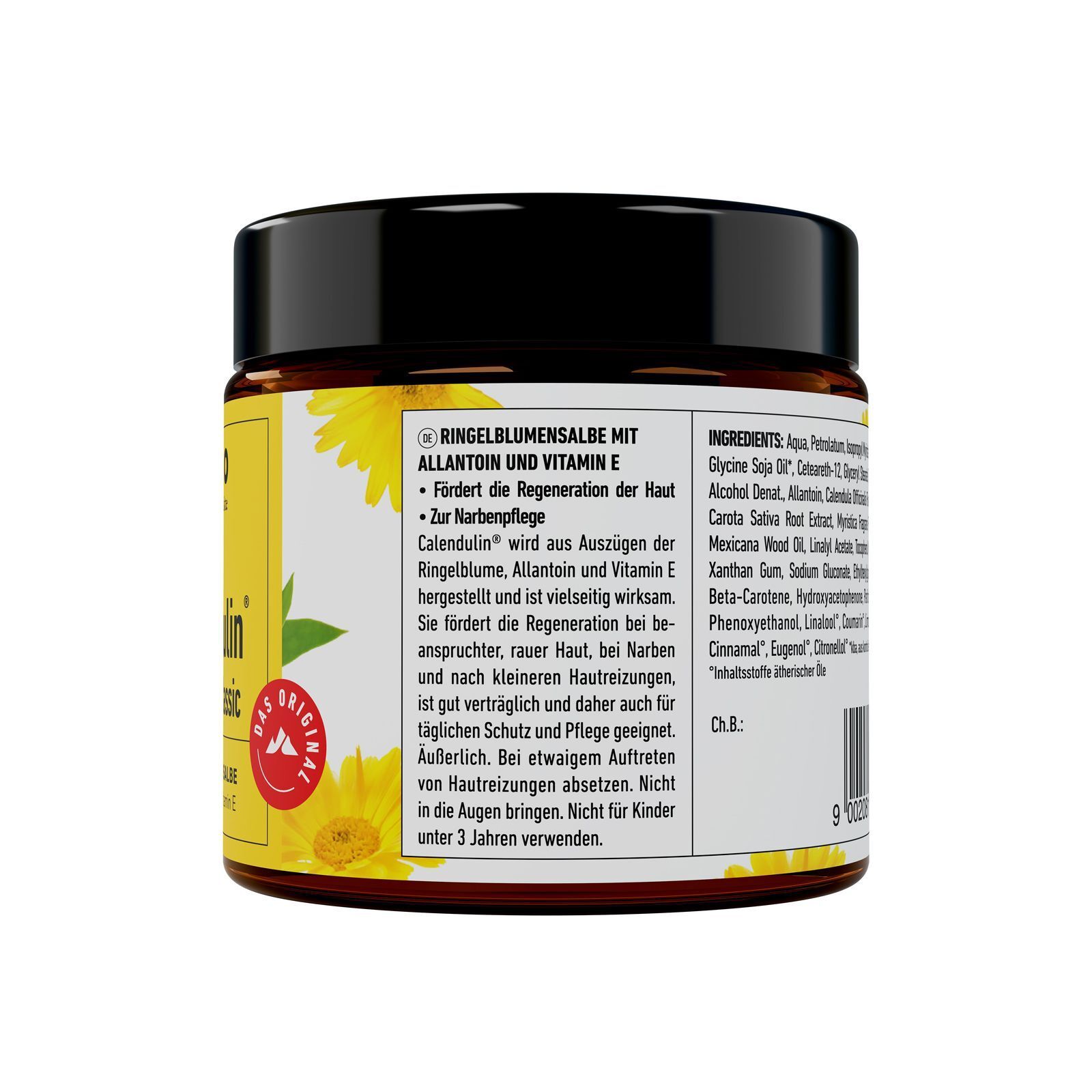 Seite eines Glases BANO Calendulin® classic Salbe. Beschreibt die Anwendung zur Regeneration der Haut und Narbenpflege.