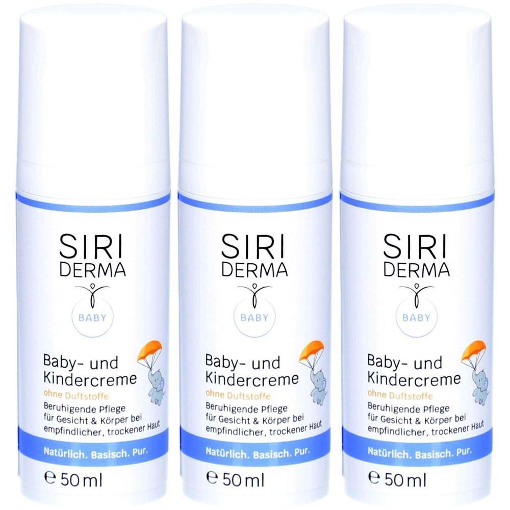 Drei Flaschen Siriderma Baby- und Kindercreme, 50ml. Beruhigende Pflege für empfindliche, trockene Haut.