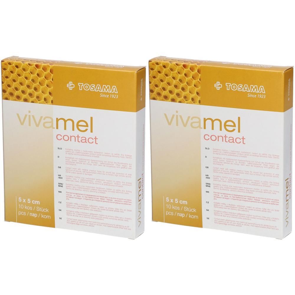 Zwei Packungen Vivamel Contact, 5 x 5 cm, 10 Stück pro Packung.
