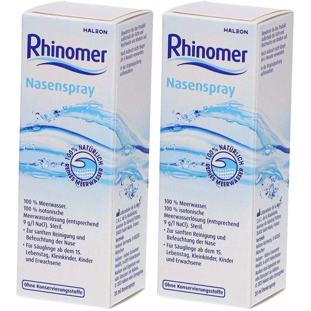 Zwei Packungen Rhinomer Nasenspray mit 100% natürlichem Meerwasser, isotonisch und steril.