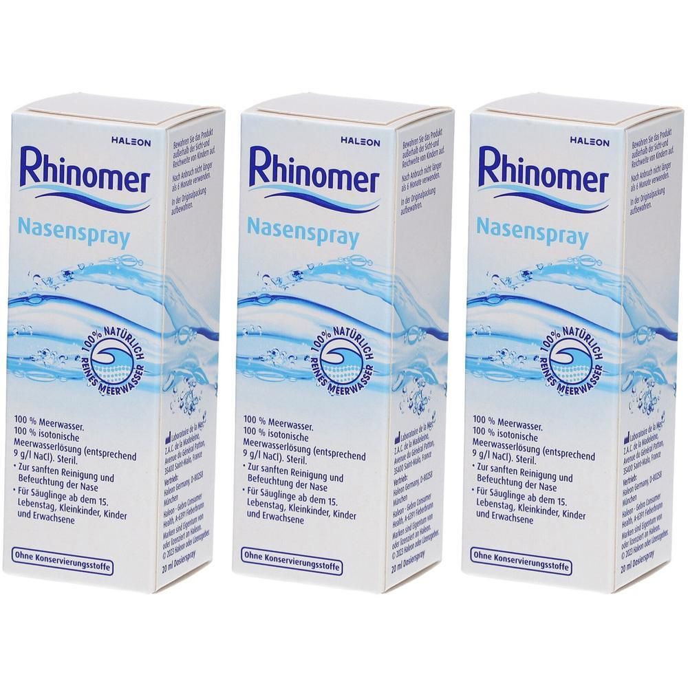 Drei Packungen Rhinomere Nasenspray mit Meerwasser.