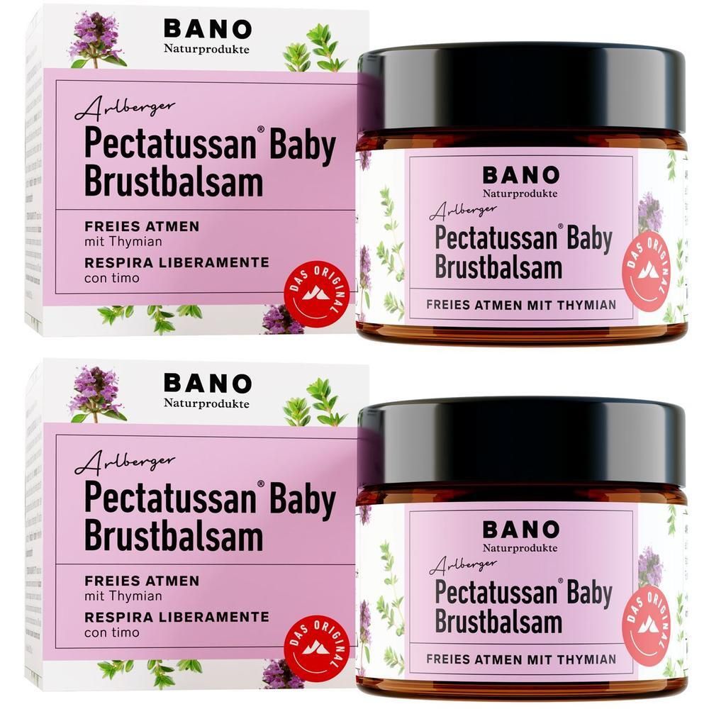 Zwei Packungen BANO Pectatussan Baby Brustbalsam mit Thymian. Rosa Verpackung mit Kräutern und Blüten.