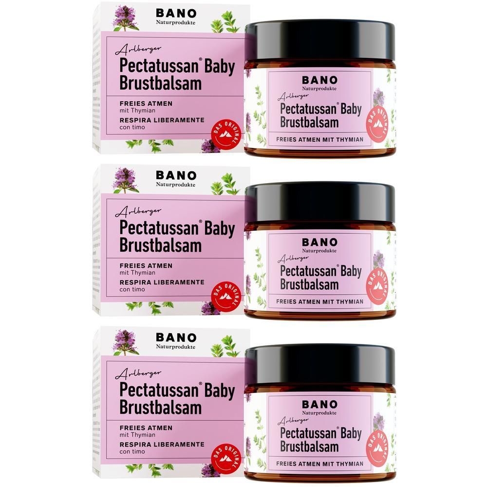 Drei Gläser BANO Pectatussan Baby Brustbalsam mit Schachteln.