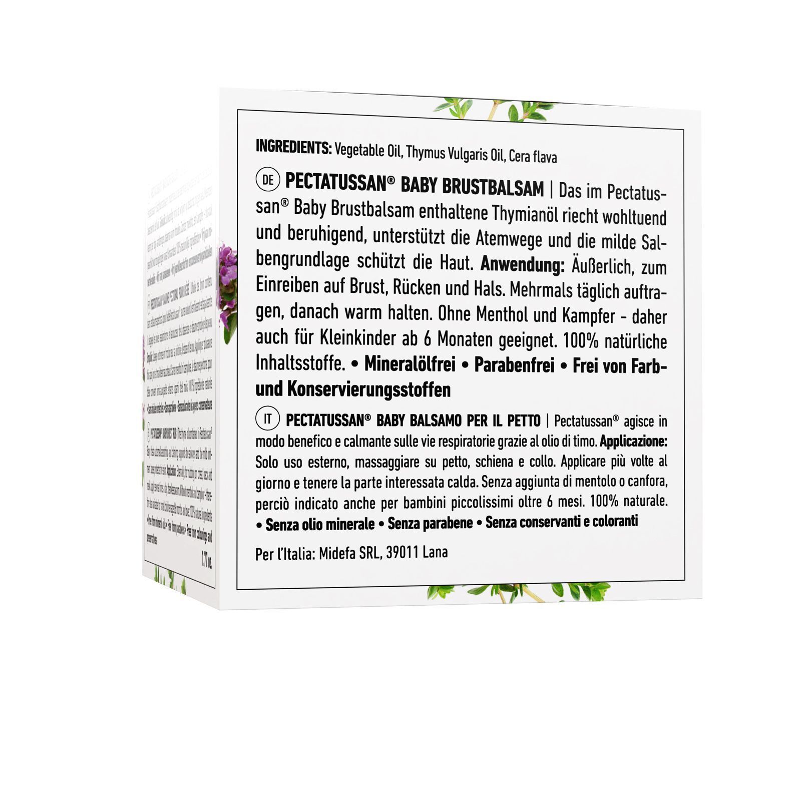 Rückseite einer Schachtel BANO Pectatussan Baby Brustbalsam mit Zutatenliste.