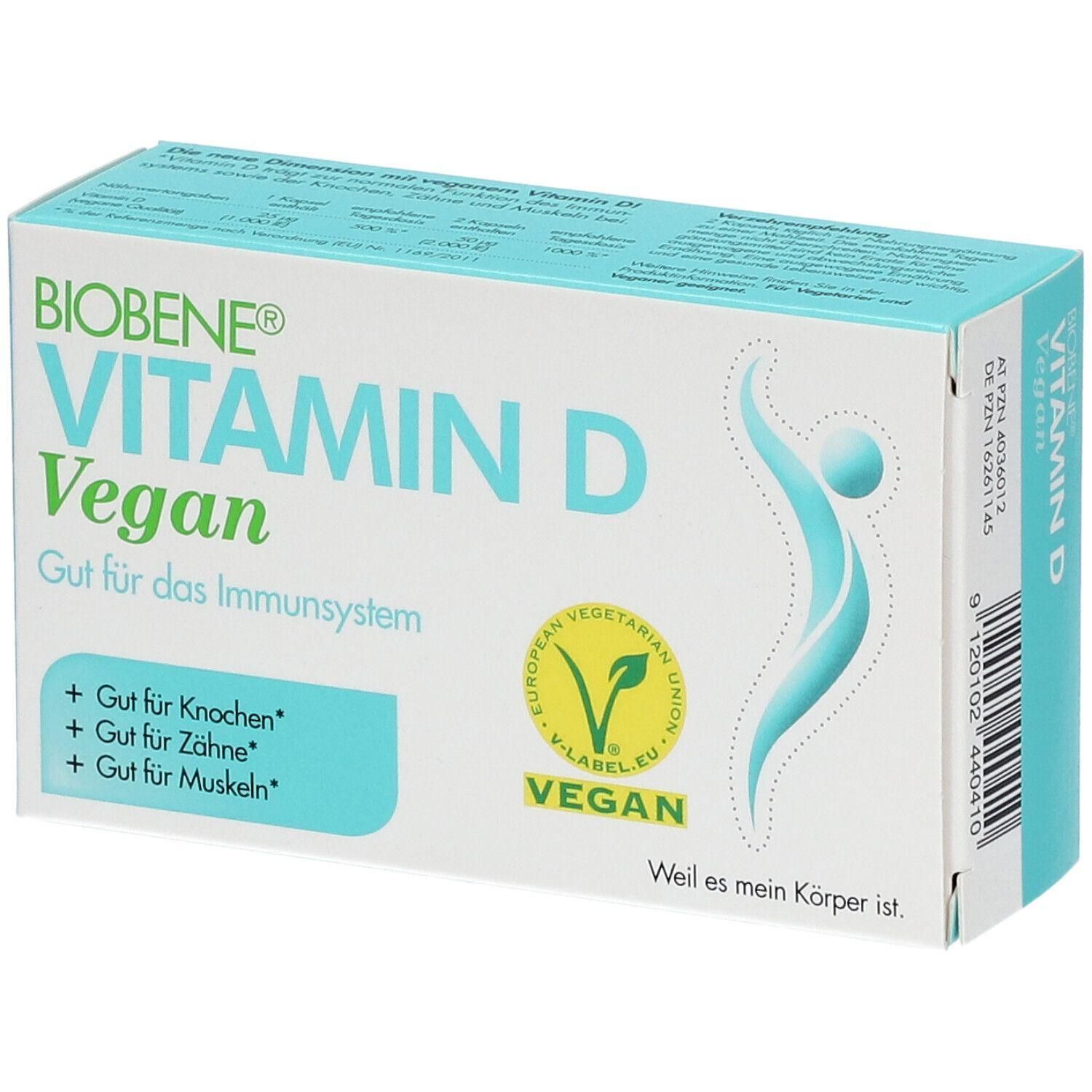 BIOBENE Vitamin D Vegan Kapseln Verpackung mit Siegeln und Produktinformationen.
