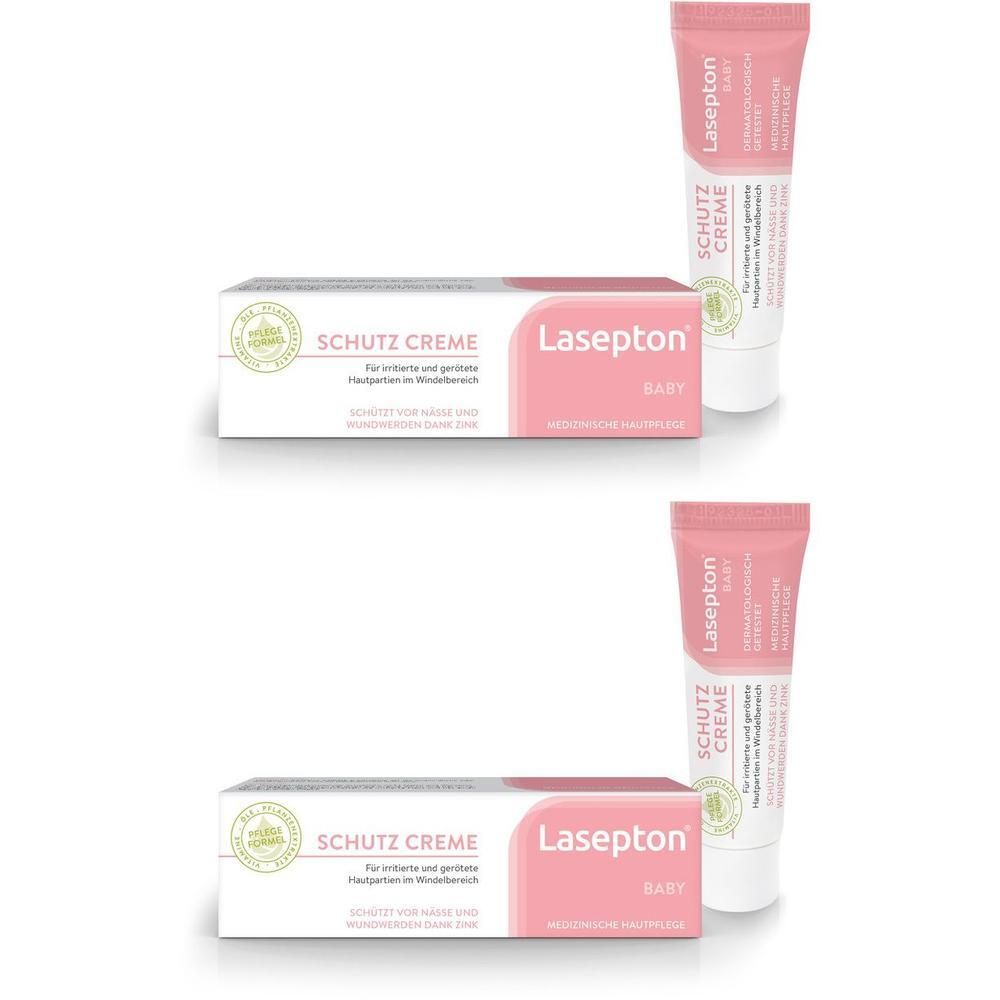 Zwei Packungen Lasepton Baby Schutz-Creme, jeweils mit Tube und Faltschachtel.